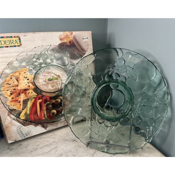 Indiana Glass Chip Dip Tray Madeira Green Raised Fruit Pattern 13” Platter Box - Picture 1 of 11